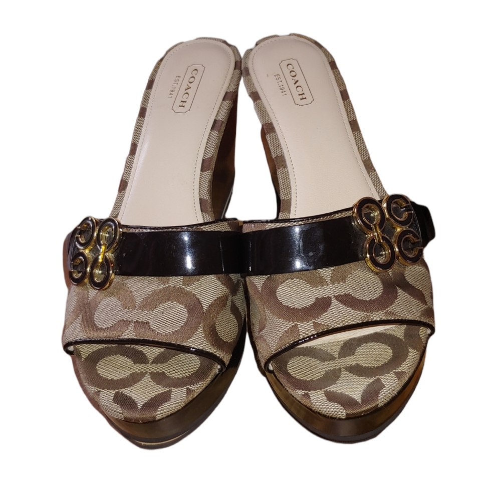 Coach Cream and Brown Sandals with Signature Pattern